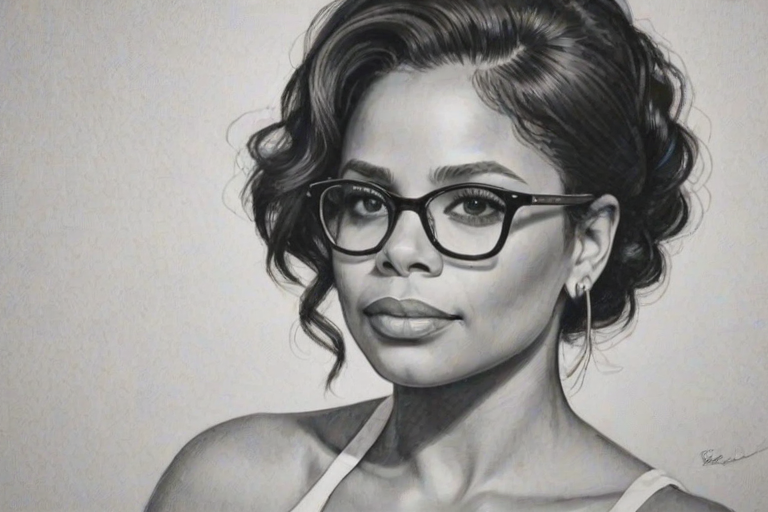 Attractive Sanaa Lathan, pencil sketch, portrait of Sublime woman 1953s in glasses, hair style beatnik, outline, clear lines, fine lines, 8k