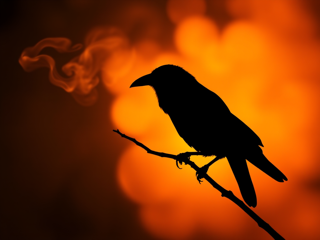 Create a vivid silhouette of a crow perched on a branch with swirling smoke and fiery orange and yellow background; use a DSLR camera with a 50mm lens, f/1.8 aperture, ISO 100, shutter speed 1/250s, in soft focus style.