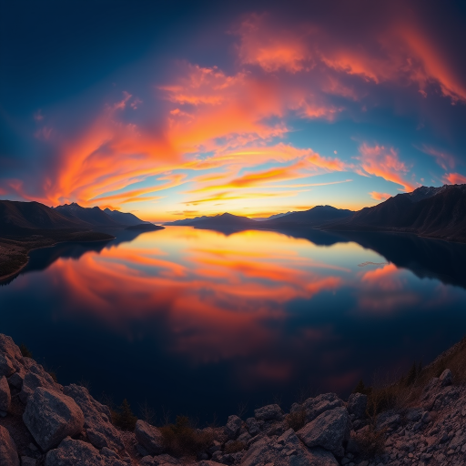 Capture a vibrant sunset over a tranquil lake surrounded by mountains, with a focus on the reflection of the sky in the water, shot with a Canon EOS R5, 24-70mm lens, aperture f/8, shutter speed 1/100 sec, ISO 200, panoramic view, in a high dynamic range style.