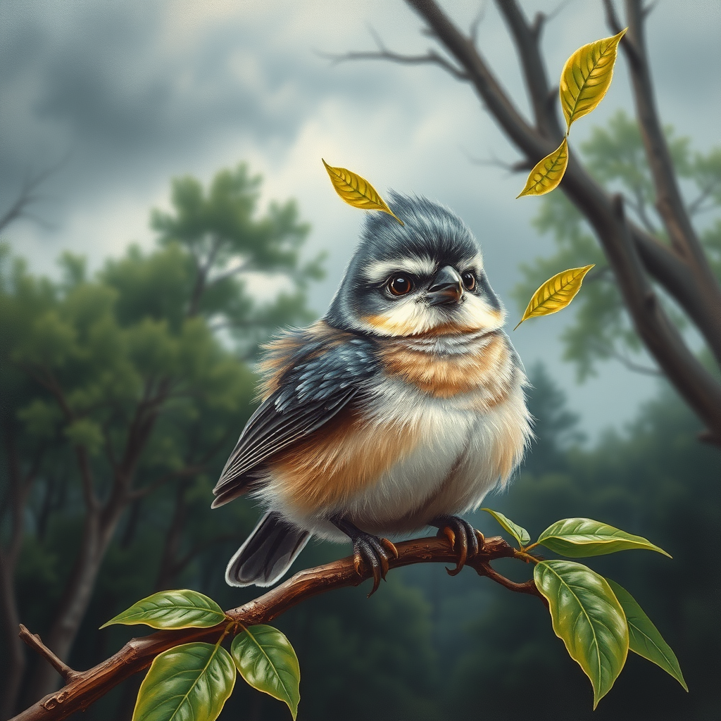 airbrushed oil painting,  a cute little bird, sitting on a branch with lush leaves, startled eyes, his feathers ruffled and blown up, leaves in the air, background bending trees in a forest, storm clouds