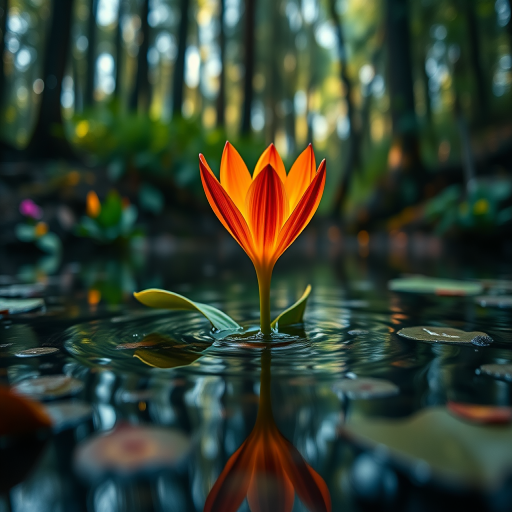 Create an image of a vibrant flower emerging from a serene body of water surrounded by softly glowing forest elements, captured with a Canon EOS R5, 85mm f/1.2 lens, aperture set to f/2.8, ISO 100, and a shutter speed of 1/200s, in a magical realism style with high saturation and intricate bokeh effects.
