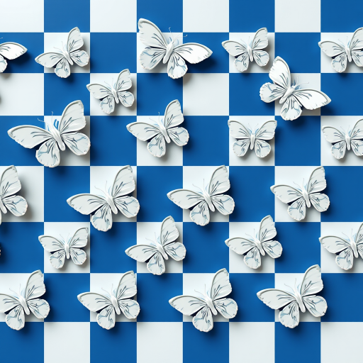 Generate a high-resolution image of a repeating pattern featuring stylized white butterflies on a blue and white checkerboard background, use a 50mm lens, aperture f/8, ISO 100, shot from a top-down view with a DSLR camera.