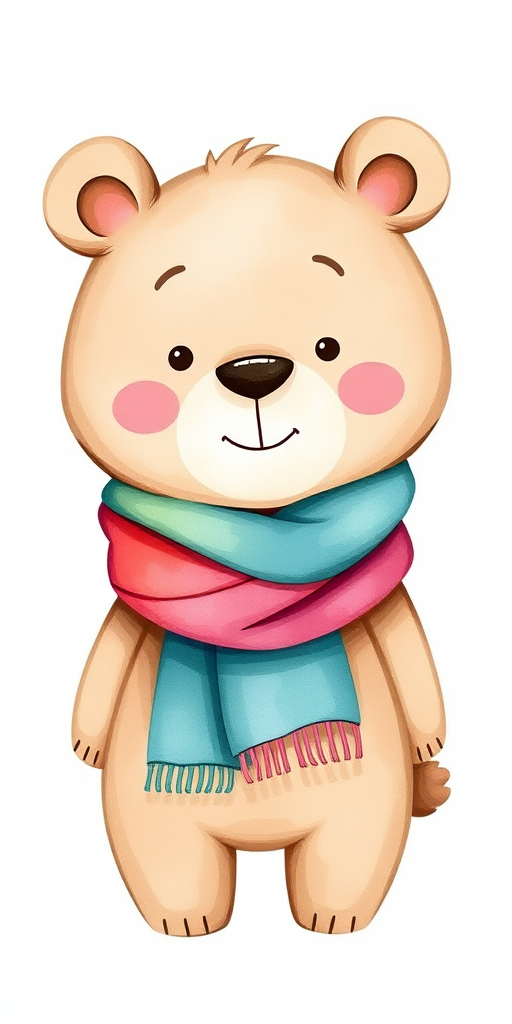 a cute cartoon bear wearing a colorful scarf, with a simple face and playful design, in soft watercolor style