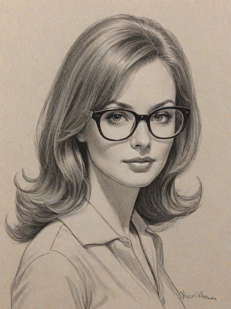 Splendid Jacklyn Zeman, pencil sketch, portrait of Alluring woman 1962s in glasses, hair style beatnik, outline, clear lines, fine lines, 8k