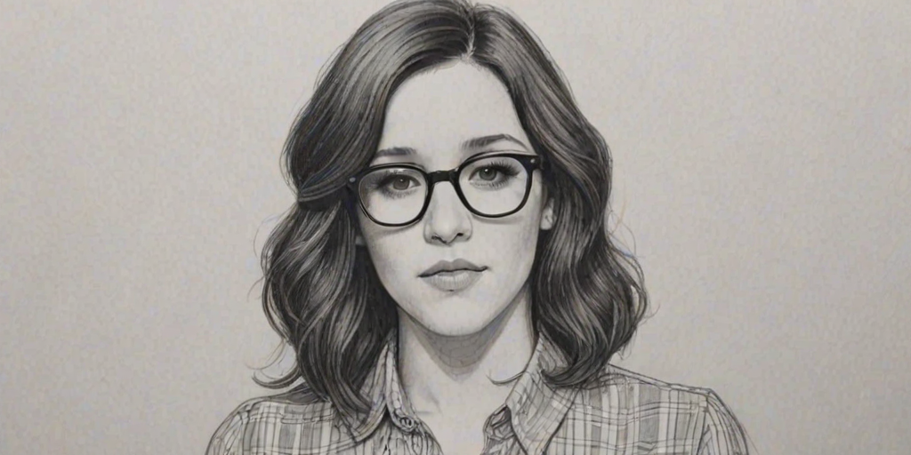 Lovely Shannon Woodward, pencil sketch, portrait of Appealing woman 1966s in glasses, hair style beatnik, outline, clear lines, fine lines, 8k