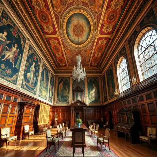 Regenerate the image of a grand hall with intricate tapestries and elegant wooden furniture, using a DSLR camera with a 24mm lens, ISO 100, aperture f/8, shutter speed 1/60s, wide-angle view, and natural lighting to enhance clarity and detail.