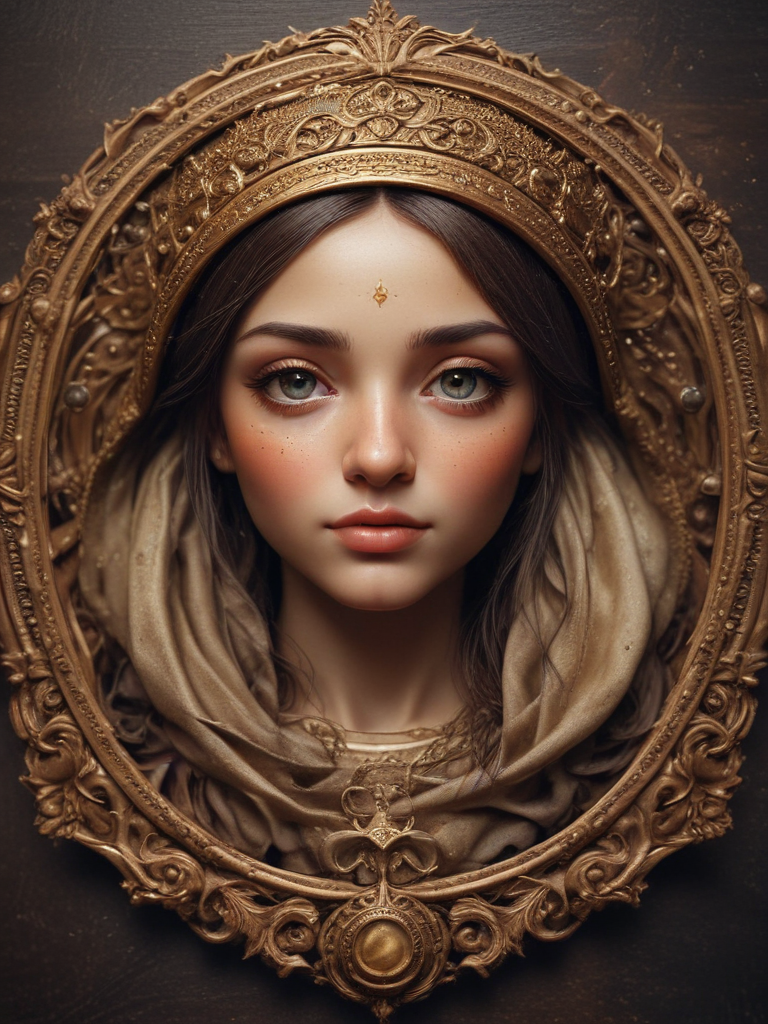 Regal Portrait of a Young Woman Framed in Ornate Baroque Design