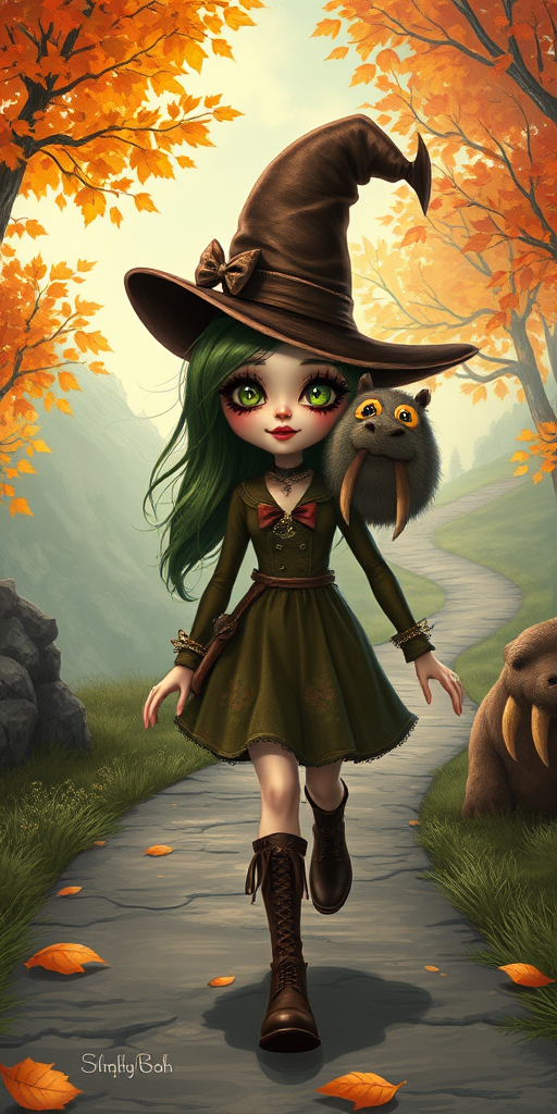 digital art fantasy depicting a strange girl with green hair, long eyelashes, brown lipstick and a tall hat walking along a winding road on an autumn afternoon, an Walrus smiles as she passes
