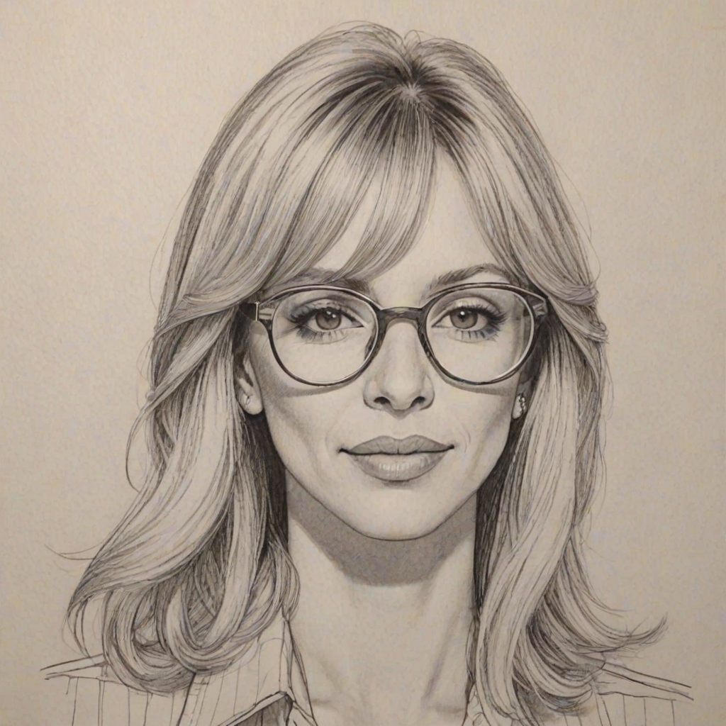 Splendid Debbie Gibson, pencil sketch, portrait of Dazzling woman 1971s in glasses, hair style beatnik, outline, clear lines, fine lines, 8k