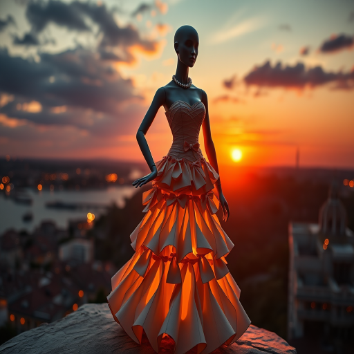 Create a high-resolution image of a fashion-forward mannequin in an elaborate dress made of paper folds and adorned with bows and pearls, positioned dramatically on a cliff overlooking a cityscape at sunset, with a DSLR camera setting of f/2.8 aperture, ISO 100, 24mm focal length, shot from a low angle to emphasize the dress and background, employing a wide-angle lens for enhanced detail and depth of field.