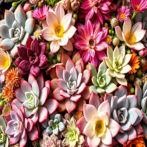 Create a highly detailed illustration of a variety of succulents and flowers arranged artistically, using a macro lens with f/2.8 aperture, 1/200 shutter speed, and ISO 100, in natural light to enhance color vibrancy and texture, captured from a high-angle view for a soft focus background effect.