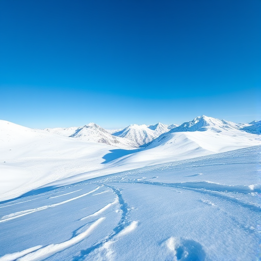 A high-resolution image of snow-covered mountains under a clear blue sky, captured with a DSLR camera at ISO 100, f/8, 1/500s, using a wide-angle lens from a slightly elevated viewpoint to enhance depth and detail in the snow's texture.