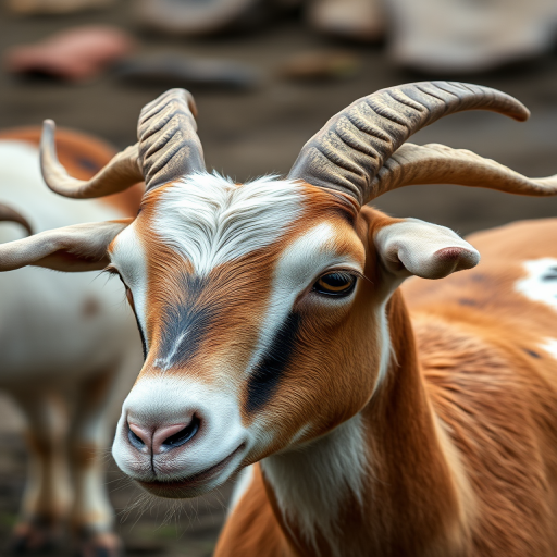Generate a high-resolution image of a goat with distinctive horns and spots, captured using a DSLR camera, 50mm lens, f/2.8 aperture, ISO 100, at a low angle for depth and clarity.