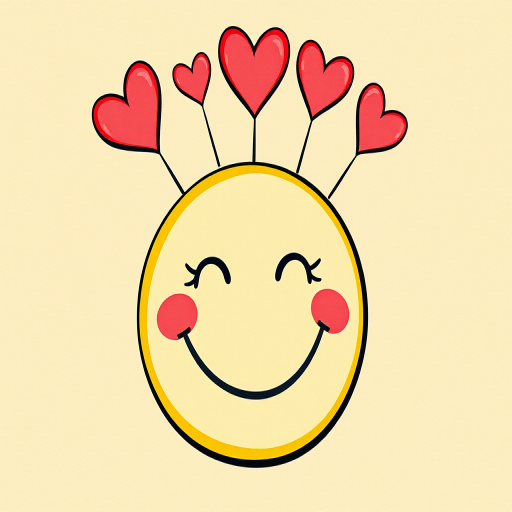 Create a high-resolution illustration of a whimsical smiley face with hearts floating above, using a DSLR camera with a 50mm lens, aperture f/2.8 for a shallow depth of field, ISO 100, in natural light, with a focus on vibrant colors and a textured paper background.