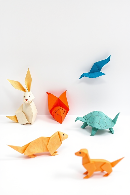 Create a minimalist scene featuring various origami animals including a rabbit, bird, turtle, and dog arranged artistically against a clean white background, captured with a DSLR camera using a 50mm lens, aperture set to f/2.8 for a shallow depth of field, ISO 100 for optimal clarity, and natural soft lighting to enhance the colors and textures of the paper.
