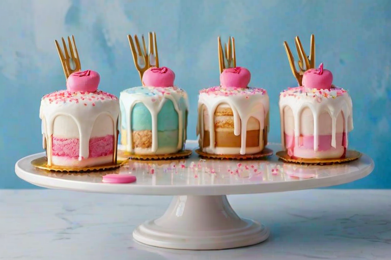 Create an image of five small round cakes with a smooth white frosting and a vibrant pink drip effect. Each cake should be topped with macarons, whipped cream dollops, and decorative sprinkles. The background should be a bright blue to enhance the colors of the cakes. Include gold forks placed around the cakes for an elegant touch.