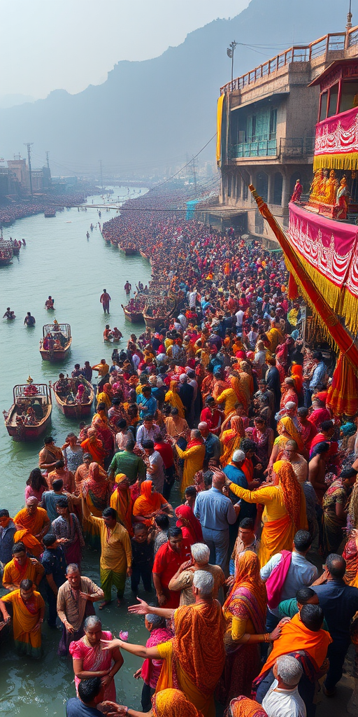 Generate a vibrant festival scene at a holy river with large crowds of people in colorful traditional attire, capturing the energy of the celebration, using a DSLR camera, 35mm lens, f/8 aperture, ISO 200, with a panoramic view from a high angle to enhance image quality.