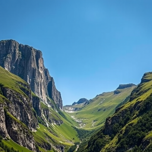 Generate a high-resolution image of a dramatic mountain peak with steep cliffs and lush green slopes under a clear blue sky, captured with a Canon EOS 5D Mark IV, 24mm lens, f/8 aperture, ISO 100, in natural light with a wide-angle perspective.