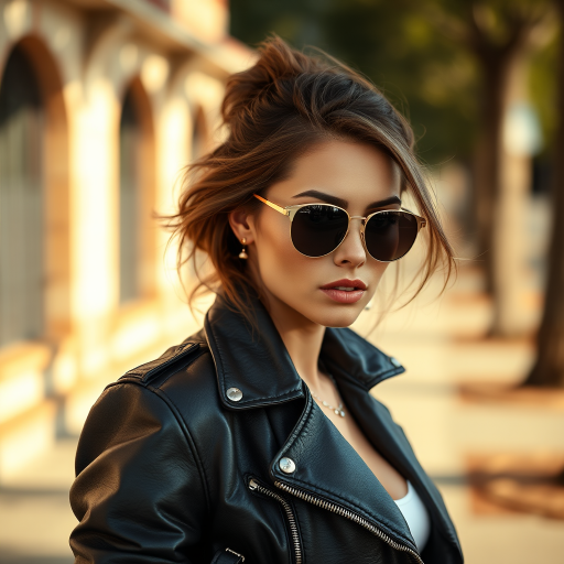 Outdoor shot, stunning female model, vintage leather jacket, sunglasses, cinematic effect, Position the camera at the model’s eye level using a 35mm f/1.4 lens