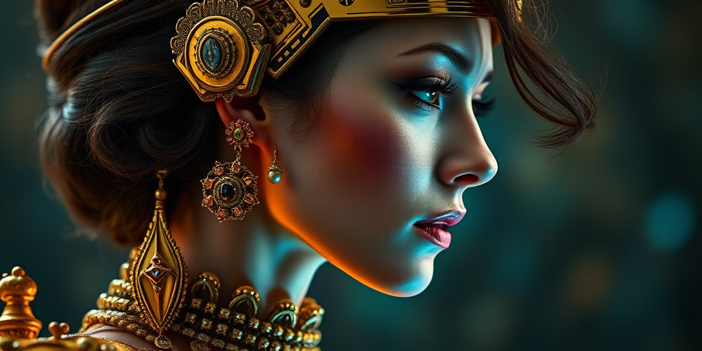 Regenerate a portrait of a futuristic queen with golden accessories and intricate jewelry, in profile view, with dramatic lighting and vibrant colors; Camera settings: ISO 100, f/1.8, 1/250s; Camera view: close-up; Camera style: portrait; Camera type: DSLR.