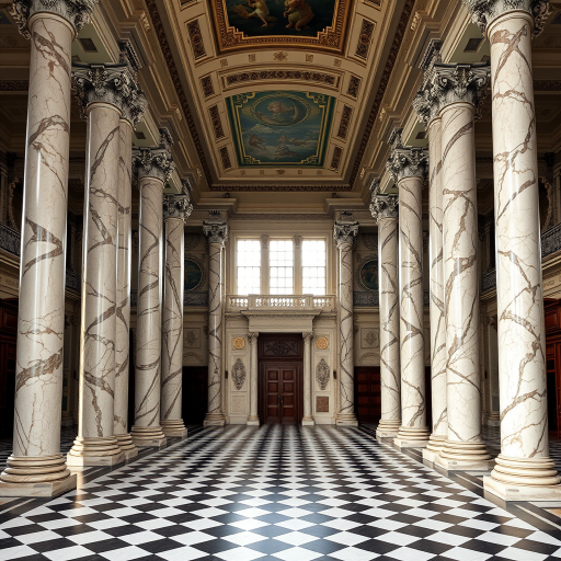 Interior of a grand hall with marble columns and checkered floor, wide-angle view, natural lighting, f/8 aperture, ISO 200, 24mm focal length, DSLR camera.