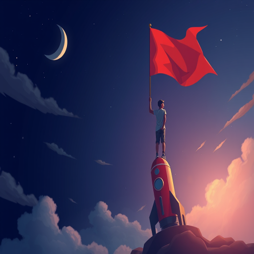 Create a digital illustration of a person standing on a rocket holding a red flag, set against a night sky with clouds and a crescent moon, in a vibrant color palette with a focus on dynamic motion, using a DSLR camera with a 50mm lens, aperture f/2.8, ISO 100, soft focus background, and high contrast for clarity.