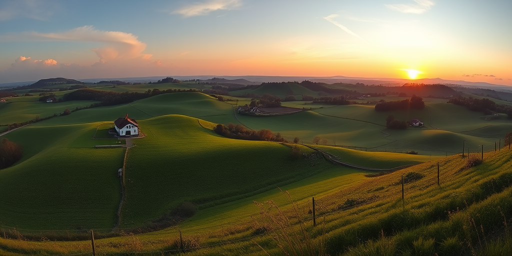 A picturesque rural landscape featuring rolling green hills dotted with charming houses under a soft sunset sky, captured with a DSLR camera, 50mm lens, f/1.8 aperture, ISO 100, 1/200s shutter speed, in a vibrant color style and panoramic view.