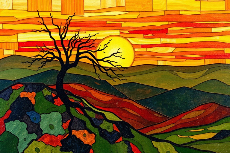 A vibrant abstract painting on Tiffany Glass, blending acrylic and alcohol ink techniques, captures a dramatic sunset over rolling hills. The artwork features a textured, rocky foreground in green and brown, layered abstract hills, and a striking sunset in rich oranges, yellows, and reds. A solitary black tree with intricate branches contrasts against the fiery sky, creating a dynamic and expressive portrayal of a breathtaking natural scene.