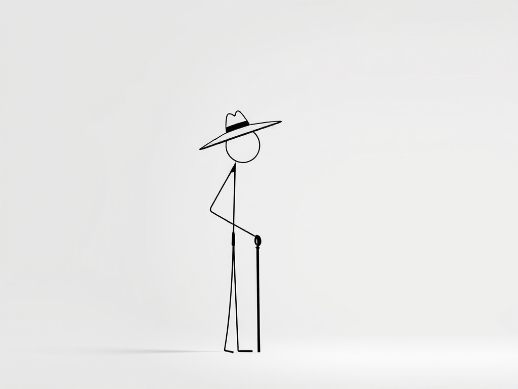 Create a minimalist illustration of a stick figure wearing a large hat and leaning on a cane, captured with a Canon EOS R5 using a 50mm f/1.8 lens, f/2.8 aperture, ISO 100, in a soft light studio setting, emphasizing clean lines and high contrast.