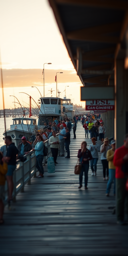 wide-angle shot of a busy fishing pier with people fishing, soft focus background, golden hour lighting, aperture f/8, ISO 100, shutter speed 1/250s, DSLR camera