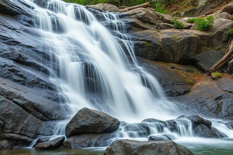 Capture a high-resolution image of a waterfall cascading down rocky terrain, focusing on the smooth flow of water and surrounding greenery, using a DSLR camera with a 24mm lens, f/11 aperture, ISO 100, 1/4 second shutter speed, and natural lighting.