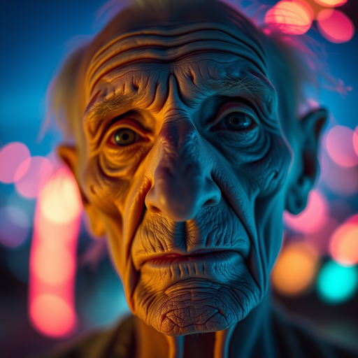 create a close-up perspective view fine art photography contemporary style of an elderly worn albino’s face with a soft, candid expression on a blurred sky black light background.Showcasing a modern style characterized by vibrant blacklight tones, using dramatic lighting and soft gradients to create a fine art atmosphere. The focus is on the light and facial features. motion light blur, neon backlit