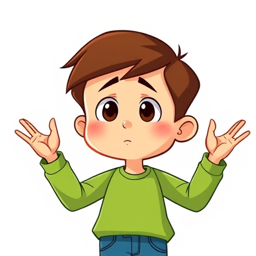 Generate a colorful cartoon illustration of a confused young boy with short brown hair, wearing a green long-sleeve shirt and blue pants, with a neutral expression, standing with his hands raised in a shrugging gesture, shot with a digital camera in soft focus at f/4, 50mm lens, capturing a friendly and vibrant tone.