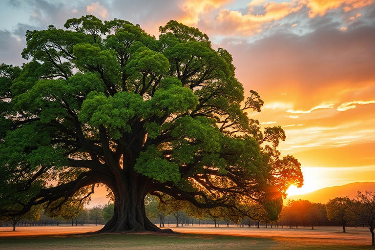 Create a high-resolution image of a large, majestic tree with vibrant green leaves and a textured bark, set against a dramatic sunset sky, using a full-frame camera with a 35mm lens, aperture f/8, ISO 100, and a wide-angle view to capture the expansive landscape surrounding the tree.