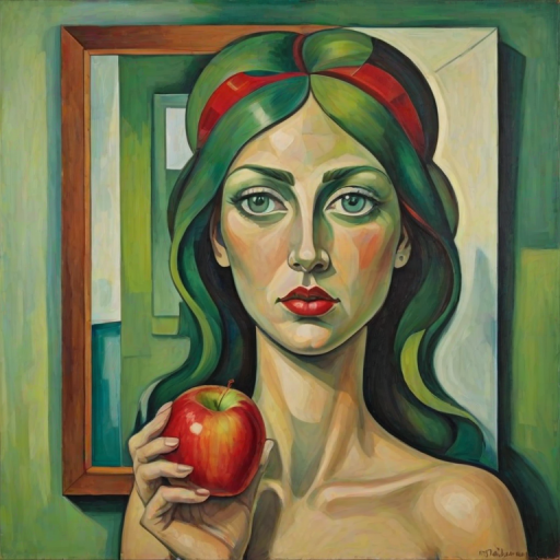 Abstract Surrealist cubist painting depicting a woman with green eyes and a red apple on her head looking at herself in the mirror