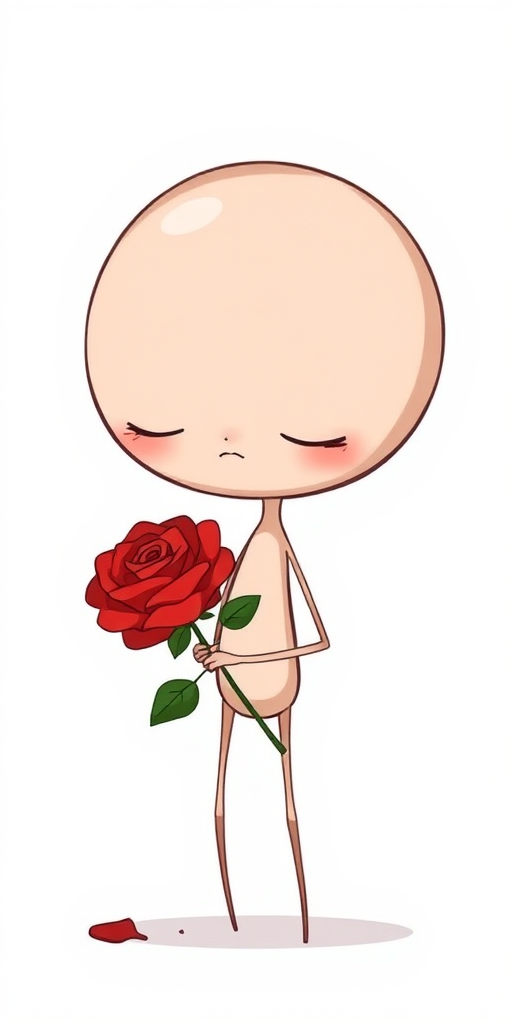 A simple cartoon character with an oversized round head and thin limbs holding a red rose with a shy expression on its face against a plain white background.
