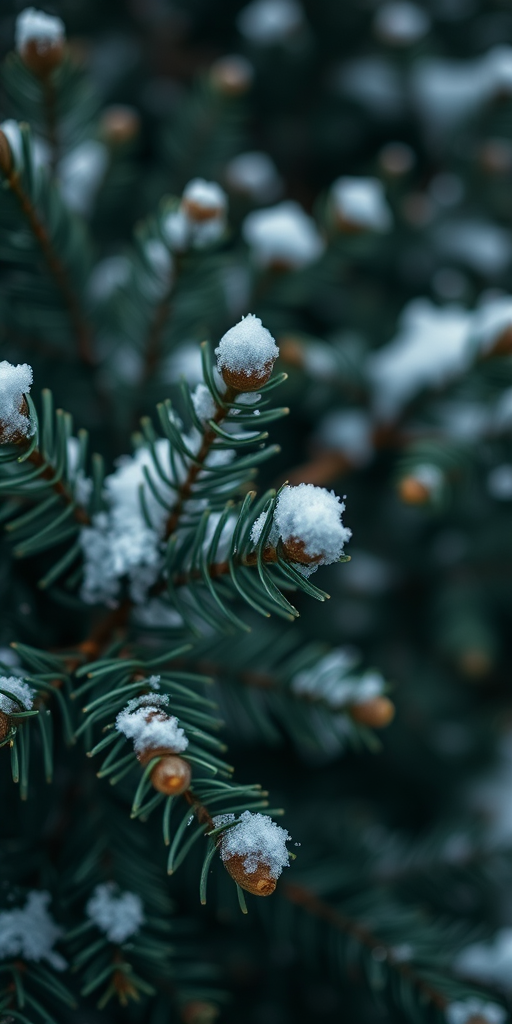 Capture a close-up of evergreen foliage dusted with snow, using a DSLR camera, 50mm lens, f/1.8 aperture, ISO 200, shallow depth of field, soft natural lighting, and a slight bokeh effect in the background.
