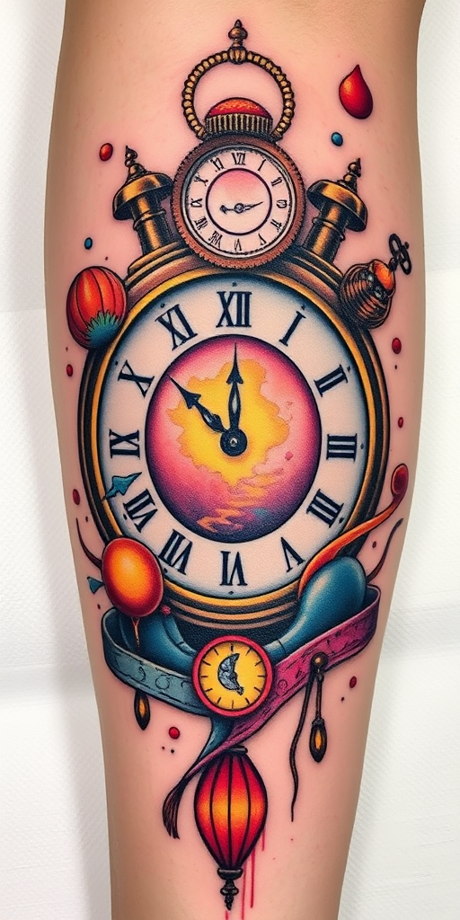 Surrealist "Melting Clock" tattoo inspired by Salvador Dali, featuring distorted timepieces and dreamlike imagery in a mix of soft pastels and bold primary colors
