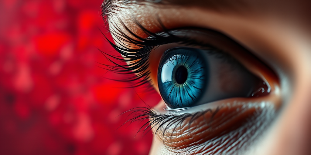 Close-up portrait of a human eye with a striking blue iris against a deep red abstract background, intricate textures resembling cracks and spider webs, soft focus background with a bokeh effect, using a 50mm lens, aperture f/1.8, ISO 100, shot in natural light with a DSLR camera.