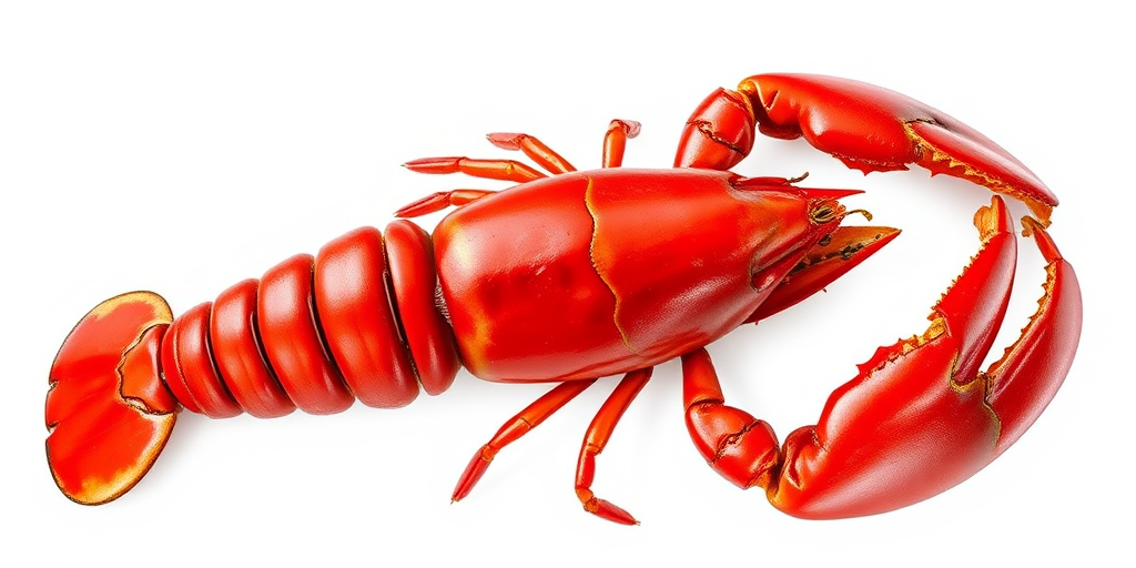 Create a highly detailed illustration of a red lobster with a shiny texture, captured using a DSLR camera with a macro lens at f/2.8, ISO 100, and a shutter speed of 1/125s for optimal clarity and depth of field, on a plain white background for enhanced contrast.