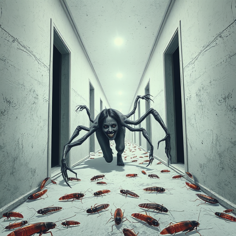 a crooked female with long arms and a creepy smile is crawling along a long white corridor and you can also see cockroaches in it there is a creepy atmosphere creepy art style