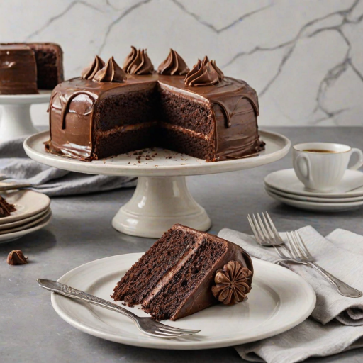 Create an image of a rich chocolate cake with smooth chocolate frosting. The cake should be round and appear moist, with a slice removed to show its fluffy interior. Place the cake on a marble cake stand, with a soft, neutral background. Include decorative plates and a small fork beside the cake for an inviting presentation.