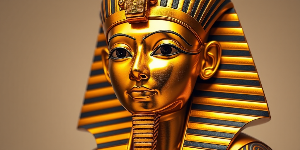 Create a highly detailed illustration of an ancient Egyptian pharaoh's bust, featuring golden tones and intricate headdress, captured with a Canon EOS R5 at f/1.8, ISO 100, 1/60s, in a studio setting with a softbox for even lighting.