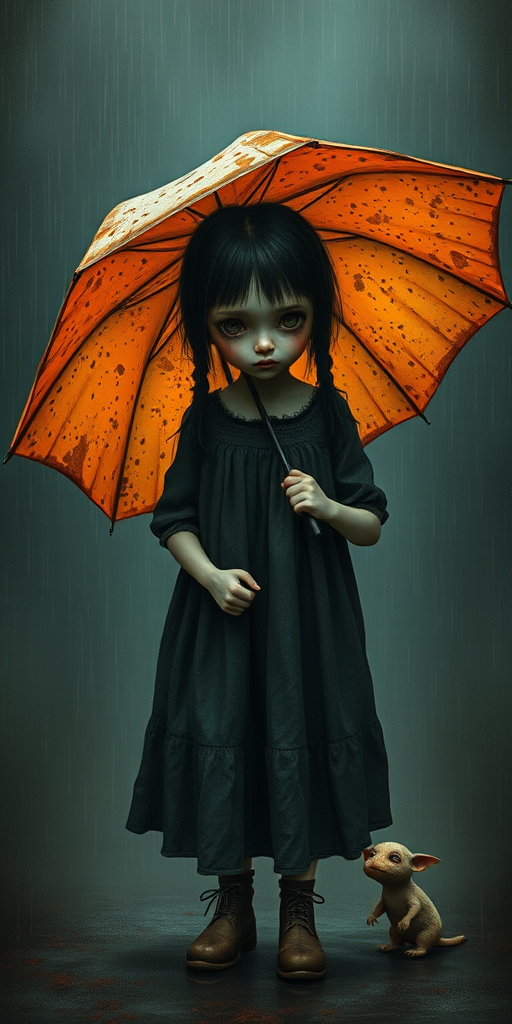 An eerie, weird little girl with dark hair in thin pigtails, wearing a smock dress, standing in the rain, holding a dirty orange umbrella, a small, odd creature beside her. In a surreal style inspired by Nicoletta Ceccoli and Brian Froud. Dark fantasy themes