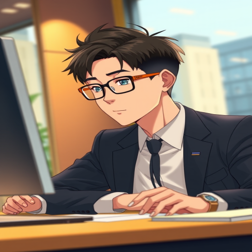 generate a detailed illustration of a young professional man in a business suit sitting at a modern office desk, focused expression with glasses, soft warm lighting, depth of field, camera settings: ISO 200, f/2.8, shutter speed 1/60, shot from a slight low angle, camera type: DSLR, capturing a realistic and dynamic atmosphere in an anime style