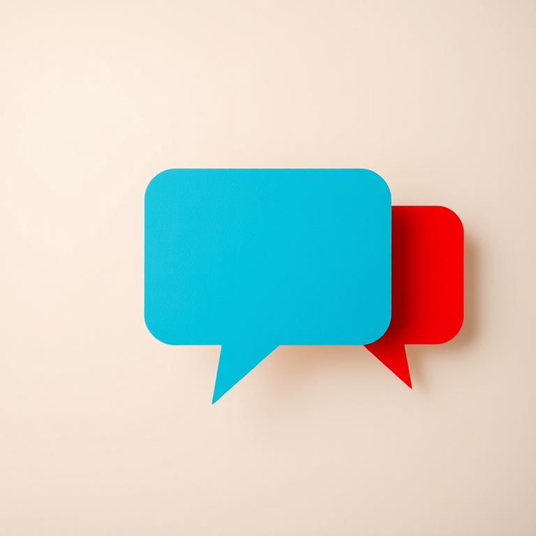 Create an image featuring two stylized speech bubbles, one in red and one in blue, with question marks inside, set against a soft, beige background, capturing the scene with a Canon EOS R5 at f/4, 1/100s, ISO 200, in a clean and minimalistic style.