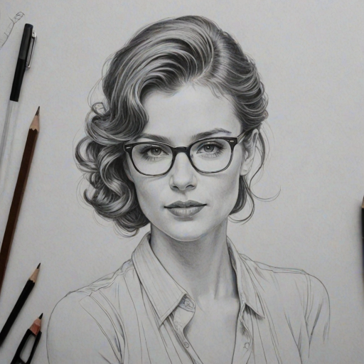 Ravishing Katja Herbers, pencil sketch, portrait of Wonderful woman 1937s in glasses, hair style beatnik, outline, clear lines, fine lines, 8k