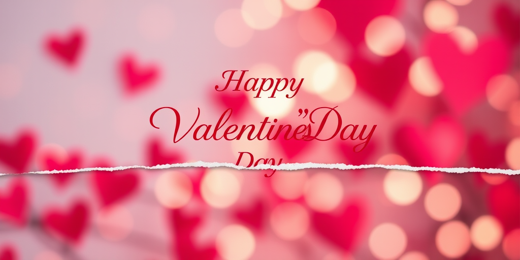 Create a vibrant Valentine's Day graphic with torn paper effect, soft bokeh lights in the background, centered text saying "Happy Valentine's Day" in elegant cursive font, use a Canon EOS R5 camera, aperture set to f/2.8, shutter speed at 1/60s, ISO 100, taken from a slightly angled top-down view for depth.
