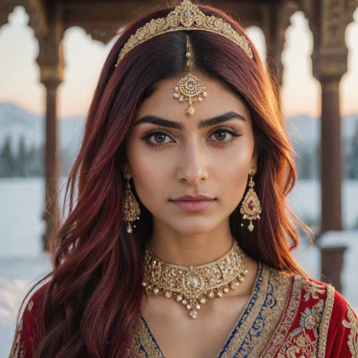 mia khalifa with long, flowing red hair, wearing a traditional, ornate red and blue costume with gold accents and intricate embroidery, stands facing the viewer in a close-up portrait. Her hair is styled in a high ponytail and adorned with a pair of golden, winged hairpieces. She wears gold earrings and her makeup is accented with light pink blush and a bright red lip. She has a soft and slightly melancholic expression, with her eyes looking directly at the camera. The background is a blurred, out-of-focus snowy landscape, with the woman in the foreground. The lighting is soft and natural, creating a warm, intimate atmosphere. The image is composed using a shallow depth of field, with the woman as the main focal point. The overall style is elegant, delicate, and fairytale-like.