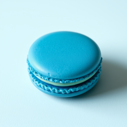 Create a high-resolution image of a blue macaron on a clean, simple background with soft natural lighting, using a DSLR camera at f/2.8 aperture, ISO 100, and a 50mm lens from a slight overhead angle.